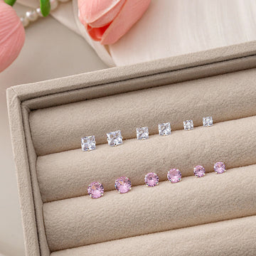 White Square and Pink Round Crystal Look Stud Earrings