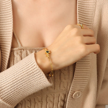 Gold Black Star Spring Clasp Bangle Clear Stone Accents