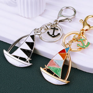 Enamel Sailboat Keychains in Gold and Silver Tone with Braided Loops