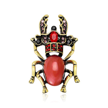 Antique Gold Beetle Brooch Enamel Body Rhinestone Pin