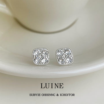 Silver Cushion Four Stone Zircon Stud Earrings Pair