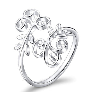 Silver Tone Open Vine Scroll Ring with Leaf Details
