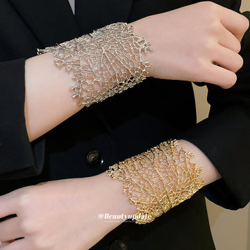 Wide Openwork Leaf Skeleton Metal Cuff Bracelets Gold Silver
