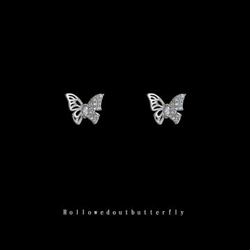 Silver Hollow Butterfly Stud Earrings Clear Pave Crystals