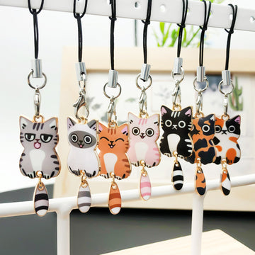 Six Colorful Cat Figure Phone Strap Charm Design Set