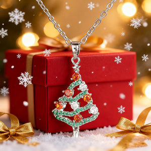 Silver Tone Colorful Christmas Tree Pendant Necklace
