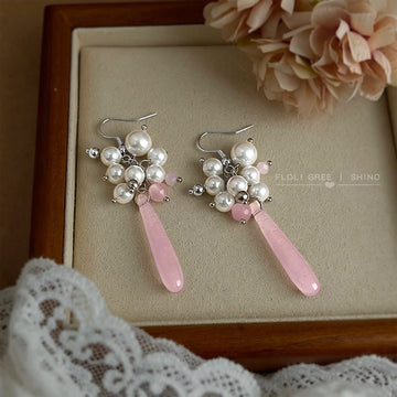Silver-Tone Pearl Pink Teardrop Cluster Hook Earrings