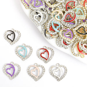 Crystal-Border Double Heart Charm with Enamel Center, Two Tones
