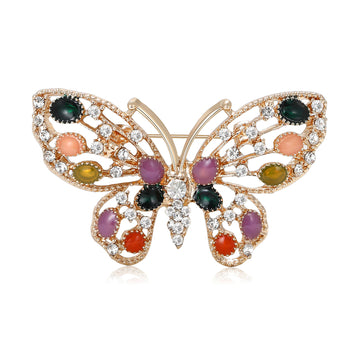 Gold Openwork Butterfly Brooch Multicolor Cabochons