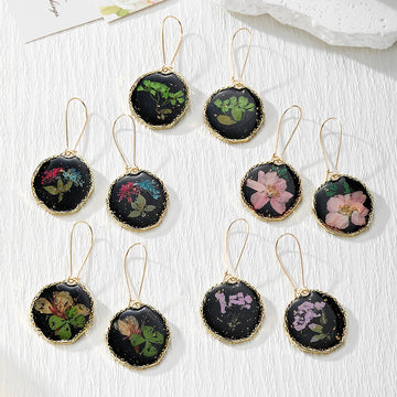 Black Irregular Round Pressed Flower Earrings in Five Designs