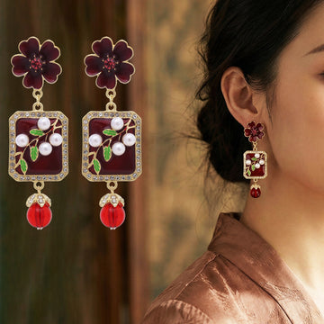 Burgundy Flower Pearl Look Garden Plaque Dangle Earrings