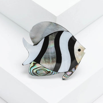 Black Stripe Shell Effect Angelfish Brooch in Silver Tone