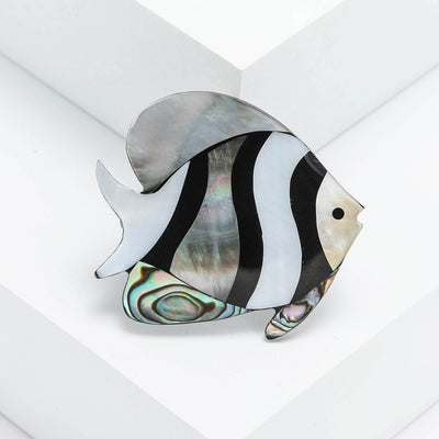 Front view of striped shell-effect angelfish brooch against a white background.