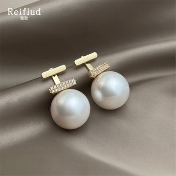 Gold Double Bar Pave Large White Pearl Drop Earrings