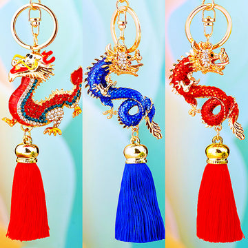 Chinese Dragon Tassel Keychains in Forty Eight Color and Motif Options