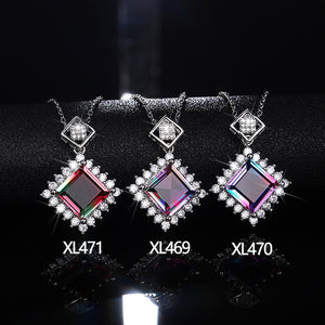 Square Gradient Color Stone Pendant Necklace in Silver Tone