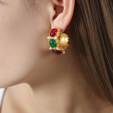 Gold Textured Hoop Earrings Red Green Blue Resin Pearl Accents