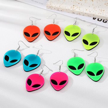 Silver Tone Fluorescent Acrylic Alien Head Hook Earrings in Five Colors