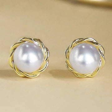 Gold Tone Rope Frame Faux Pearl Round Stud Earrings