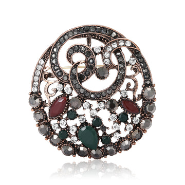 Antique Tone Round Filigree Brooch With Red And Green Stones