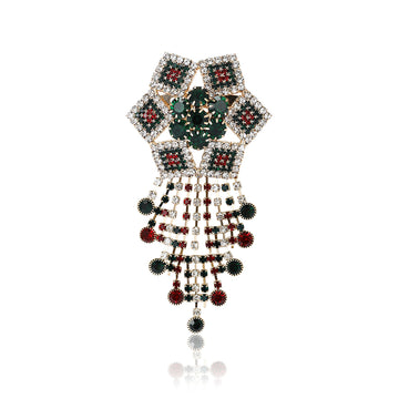 Gold Geometric Crystal Cascade Fringe Brooch Green Red