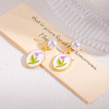 Pearl Look Oval Tulip Picture Dangle Stud Earrings