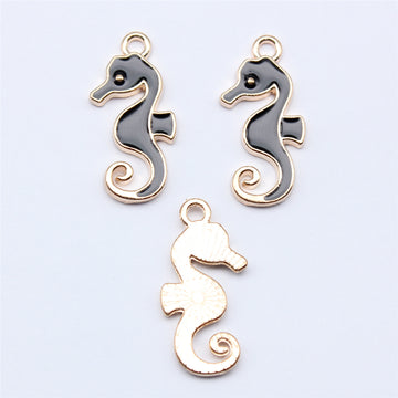 Black and White Enamel Seahorse Charm with Gold Tone Outline