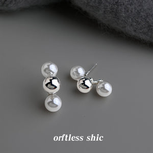 Silver Curved Double Pearl Metal Ball Stud Earrings