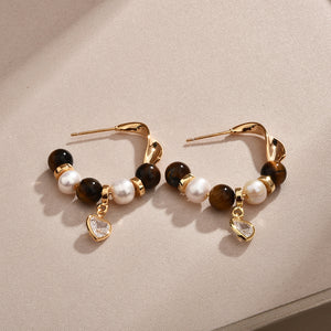 Gold-Tone Beaded Hoop Earrings With Clear Heart Charms