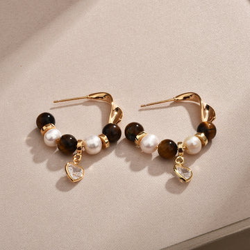Gold-Tone Beaded Hoop Earrings With Clear Heart Charms