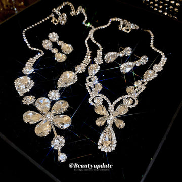 Silver Tone Large Flower Clear Crystal Necklace And Earring Set