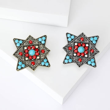 Geometric Floral Brooch with Red and Turquoise Stones