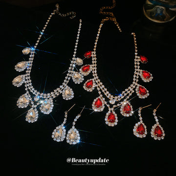 Red and Clear Teardrop Crystal Pendant Necklace in Two Tones