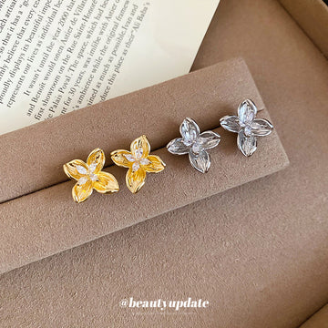 Four Petal Crystal Flower Stud Earrings in Two Colors