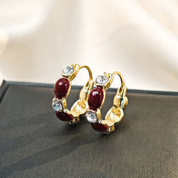 Burgundy Square Crystal Look Gold Tone Huggie Earrings
