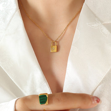 Padlock Pendant Necklace Star Crystal Gold Steel Tones