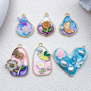Painted Flower and Ocean Enamel Charms with Faux Pearls, Zinc Alloy