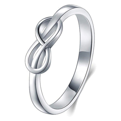 Product view showing minimal infinity knot slim ring in three metal tones