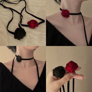 Black Ribbon Rose Choker Necklace With Long Wraparound Ties