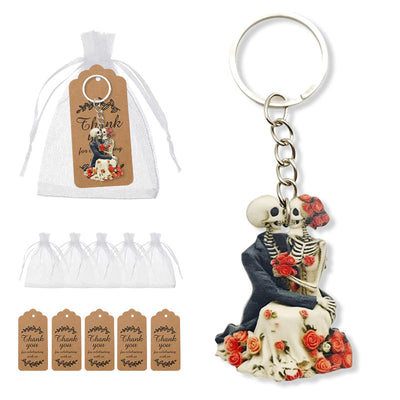 Skeleton wedding couple roses wood keychain with bags and kraft tags