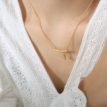 Gold Bamboo Bar Pendant Necklace Leaf Dangle Charm