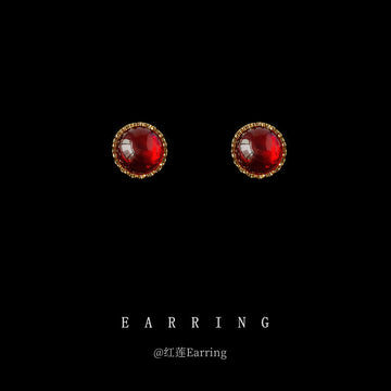 Gold Wine Red Round Cabochon Stud Earrings Bezel Pair