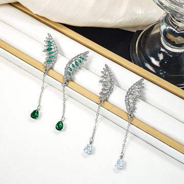 Silver Wing Drop Earrings Green Clear Teardrop Chain Styles