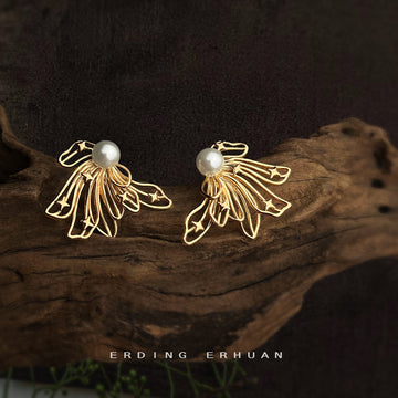 Gold-Tone Openwork Butterfly Wing Pearl Stud Earrings Pair