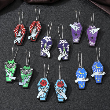 Silver Tone Coffin Printed Acrylic Hook Earrings in Six Designs