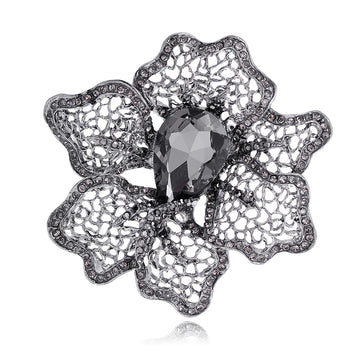 Black Flower Openwork Crystal Six Designs Metal Brooch Pin