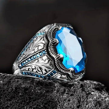 Aqua Oval Stone Engraved Signet Ring In Antiqued Silver Tone