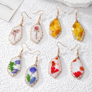 Wire-Wrapped Dried Flower Resin Drop Earrings in Four Styles