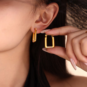 Rectangle Hoop Earrings With Four Rhinestones Gold Silver