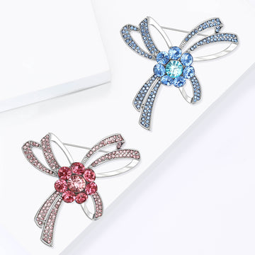 Silver Tone Rhinestone Bow Brooch Pink Blue Flower Center